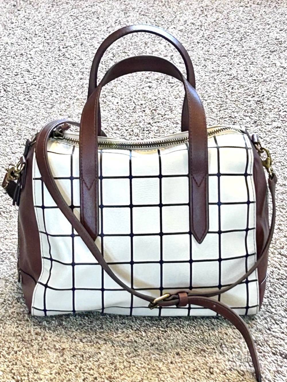 Fossil Sydney Satchel Windowpane White Black Grid Faux Leather Crossbody 10”x8”
